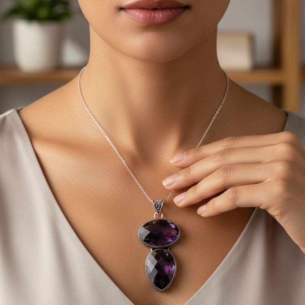 Antique Amethyst Pendant Necklace, Sterling Silver, Charm Gemstone, State… - Picture 7 of 7